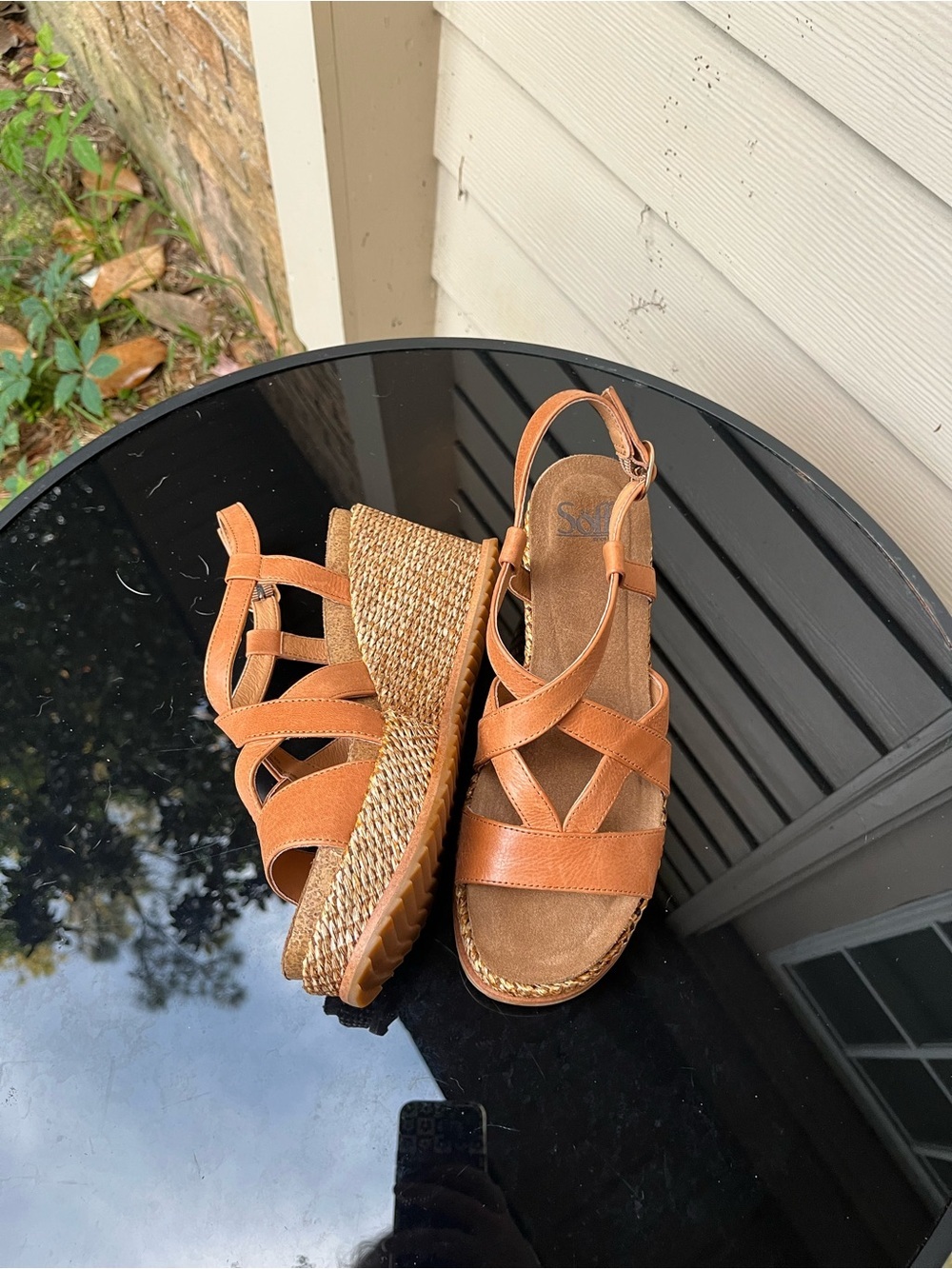 Sofft Tan Leather Wedge Sandals